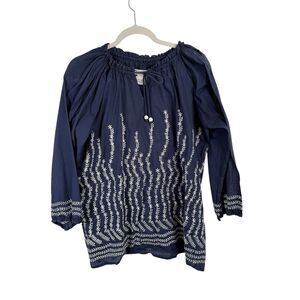 Gretchen Scott Blue Floral Embroidered Peasant Blouse Preppy Womens Size XL